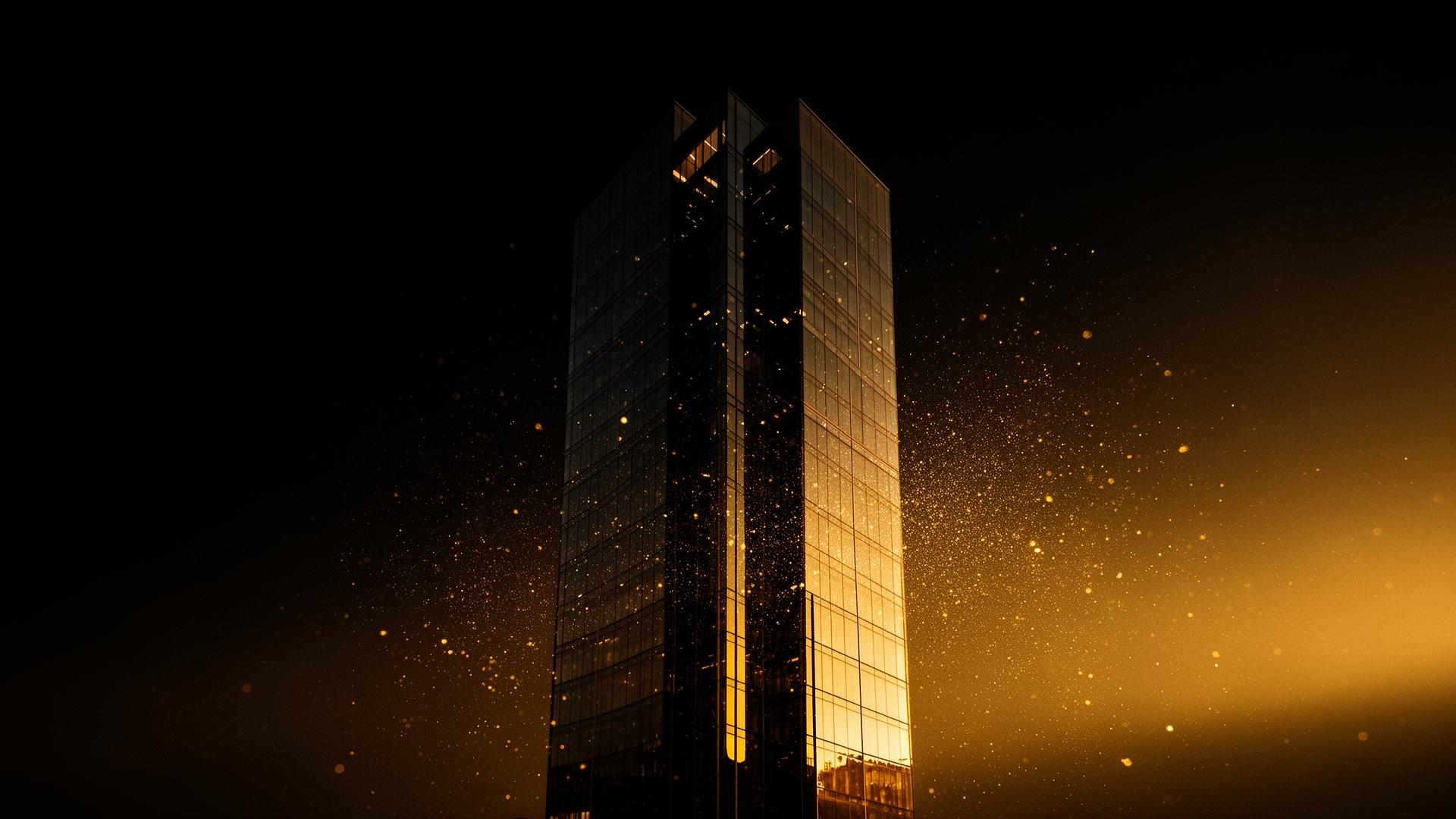 Luxury financial skyline glowing with golden Bitcoin and AI light
